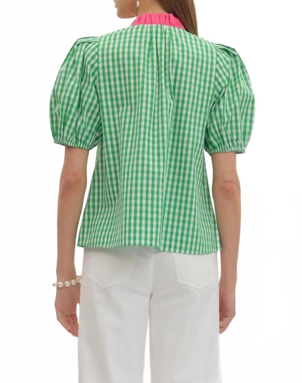 NEW ENTRO gingham puff sleeve top in green - Picture 4 of 4